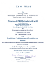 ISO50001 Zertifikat für STEULER-KCH Materials 2021-2024