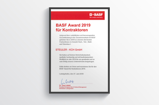 BASF Award 2019 certificate for BASF contractors to STEULER-KCH